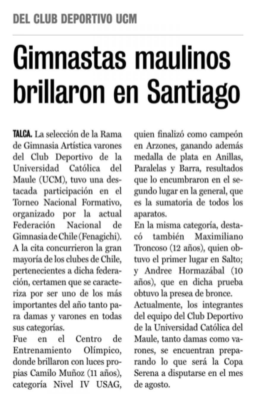 02 de julio en Diario La Prensa: “Gimnastas maulinos brillaron en Santiago”