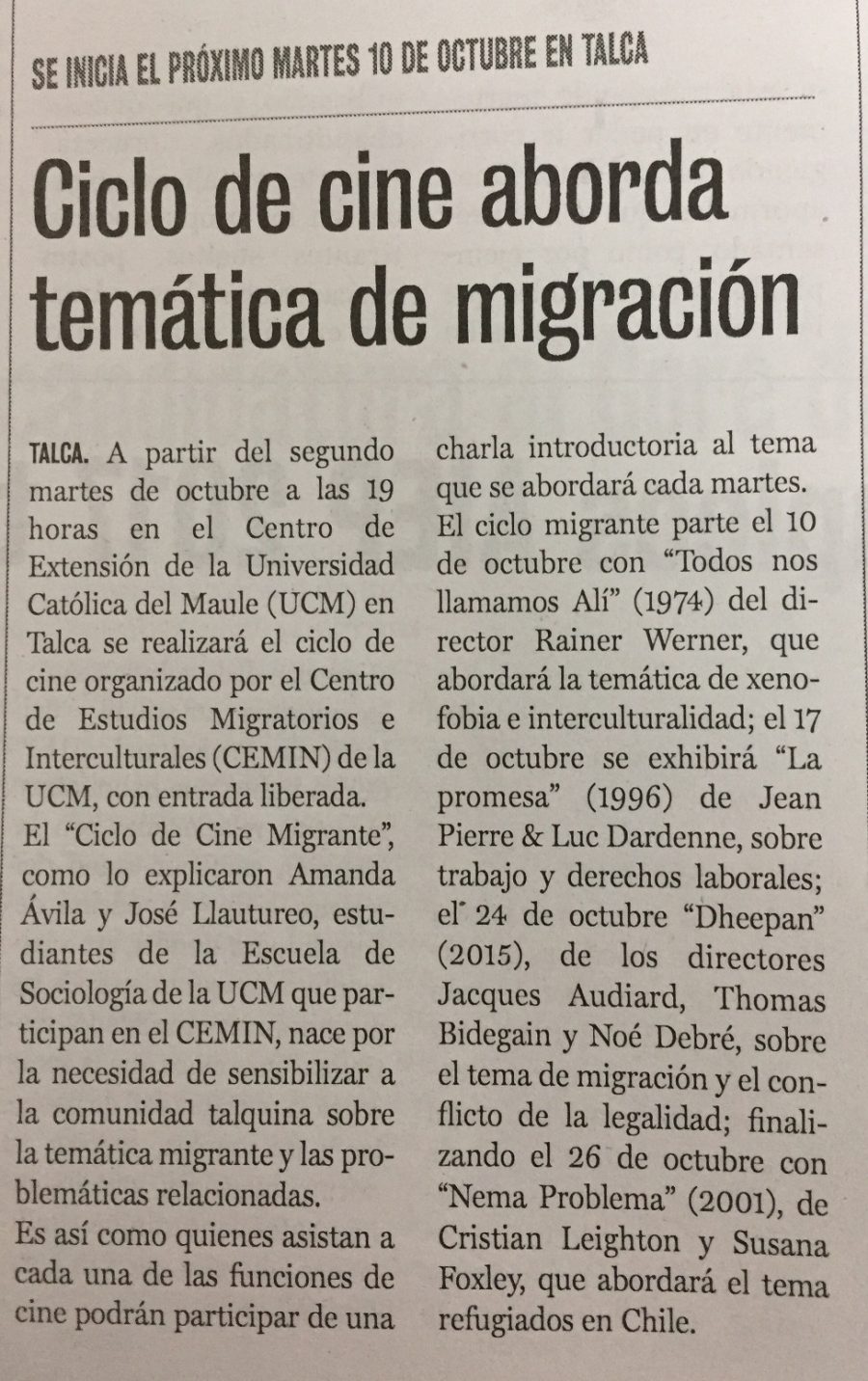 02 de octubre en Diario La Prensa: “Ciclo de cine aborda temática de migración”
