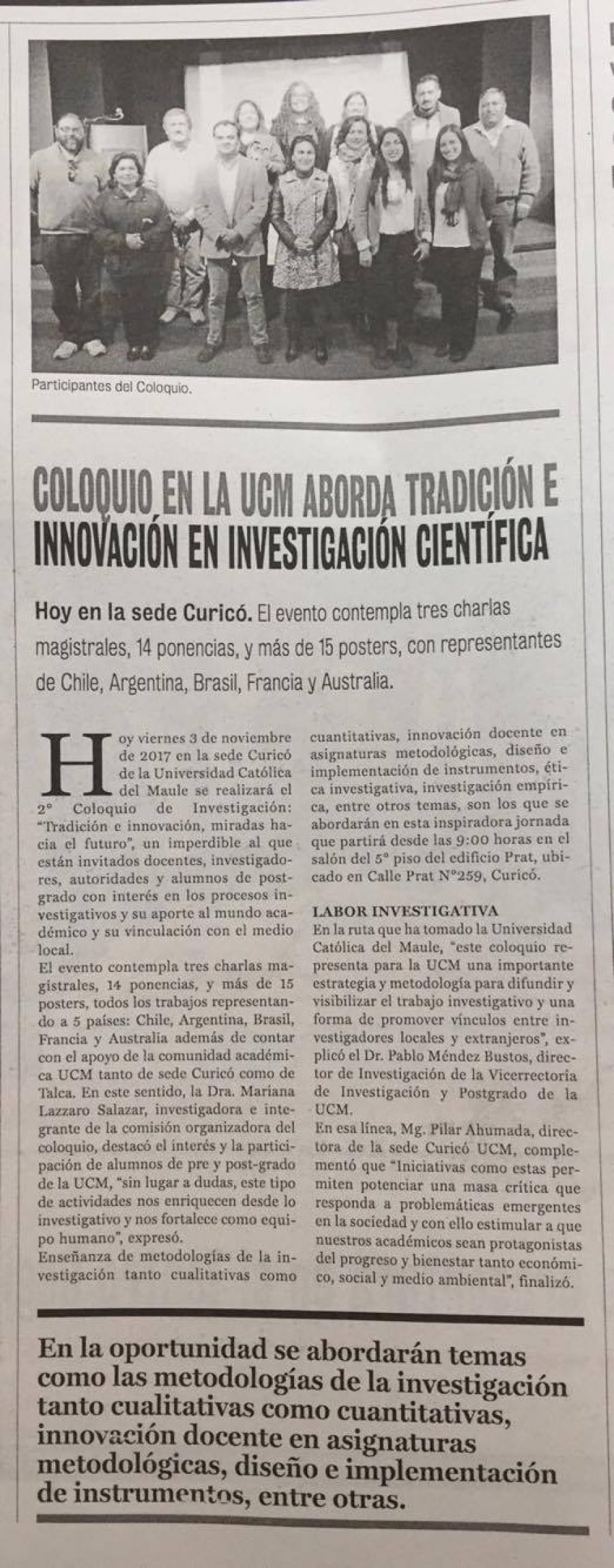 03 de noviembre en Diario La Prensa: “Coloquio en la UCM aborda tradición e innovación en investigación científica”