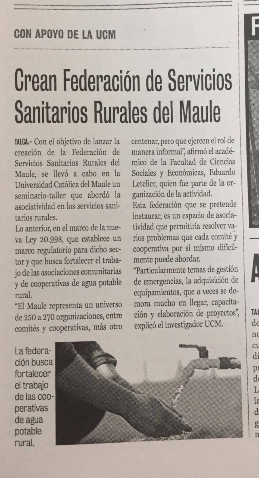 03 de noviembre en Diario La Prensa: “Crean Federación de Servicios Sanitarios Rurales del Maule”
