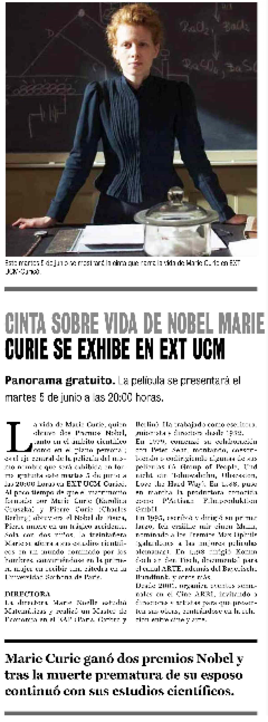 04 de junio en Diario La Prensa: “Cinta sobre vida de nobel Marie Curre se exhibe en EXT UCM”