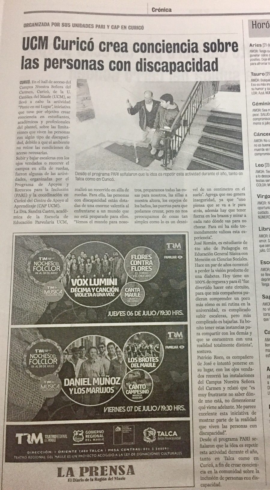 04 de julio en Diario La Prensa: “UCM Curicó crea conciencia sobre las personas con discapacidad”