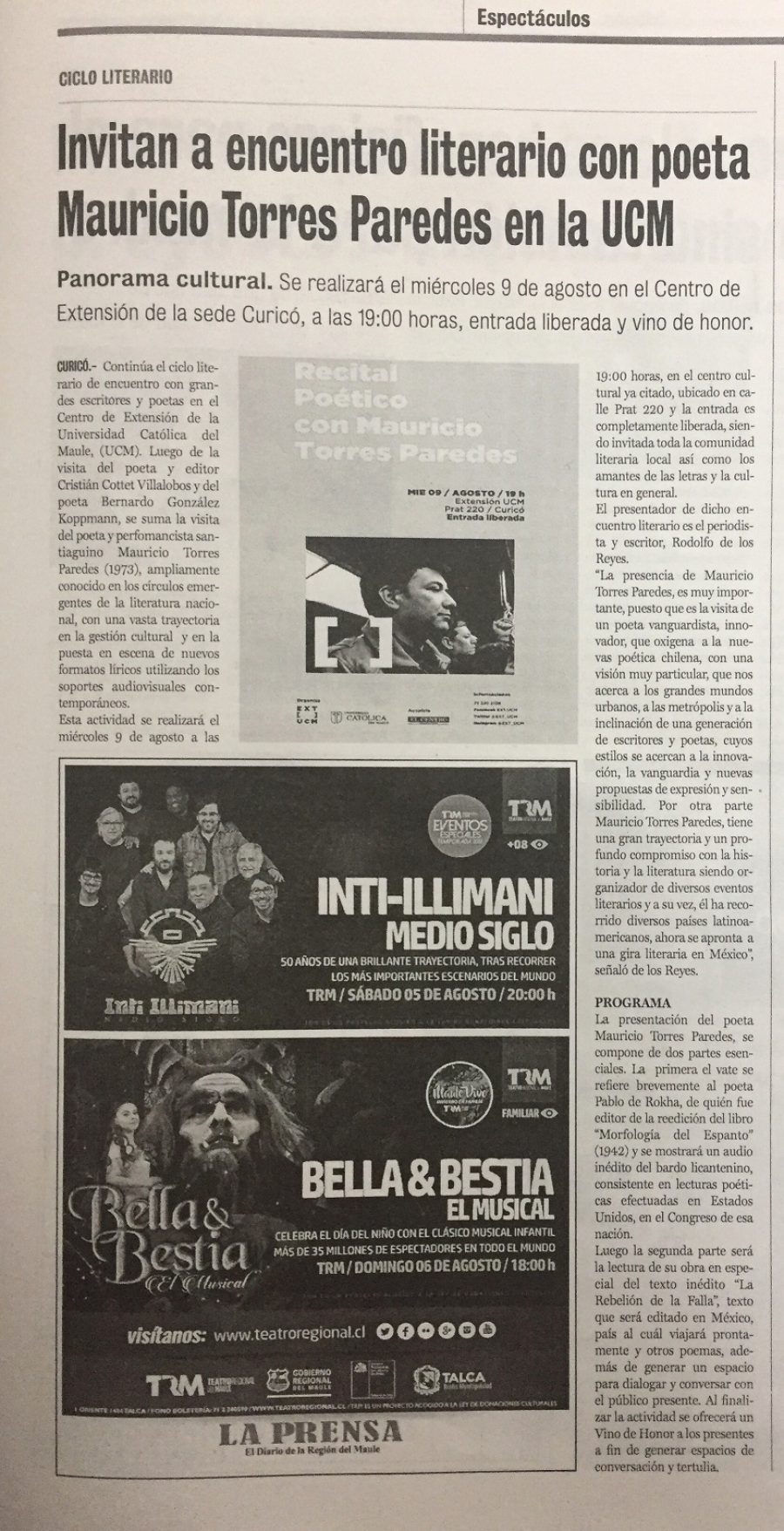 04 de agosto en Diario La Prensa: “Invitan a encuentro literario con poeta Mauricio Torres Paredes en la UCM”