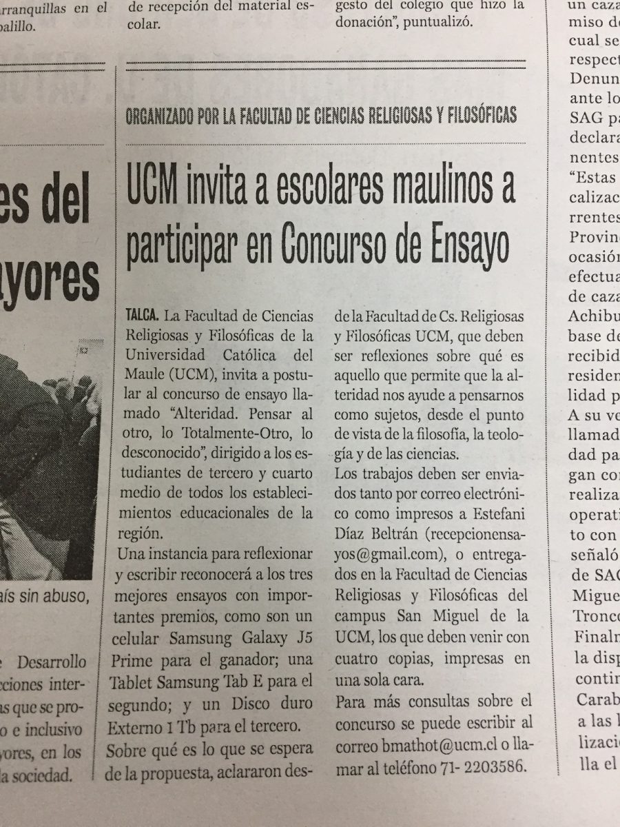 05 de junio en Diario La Prensa: “UCM invita a escolares maulinos a participar en Concurso de Ensayo”