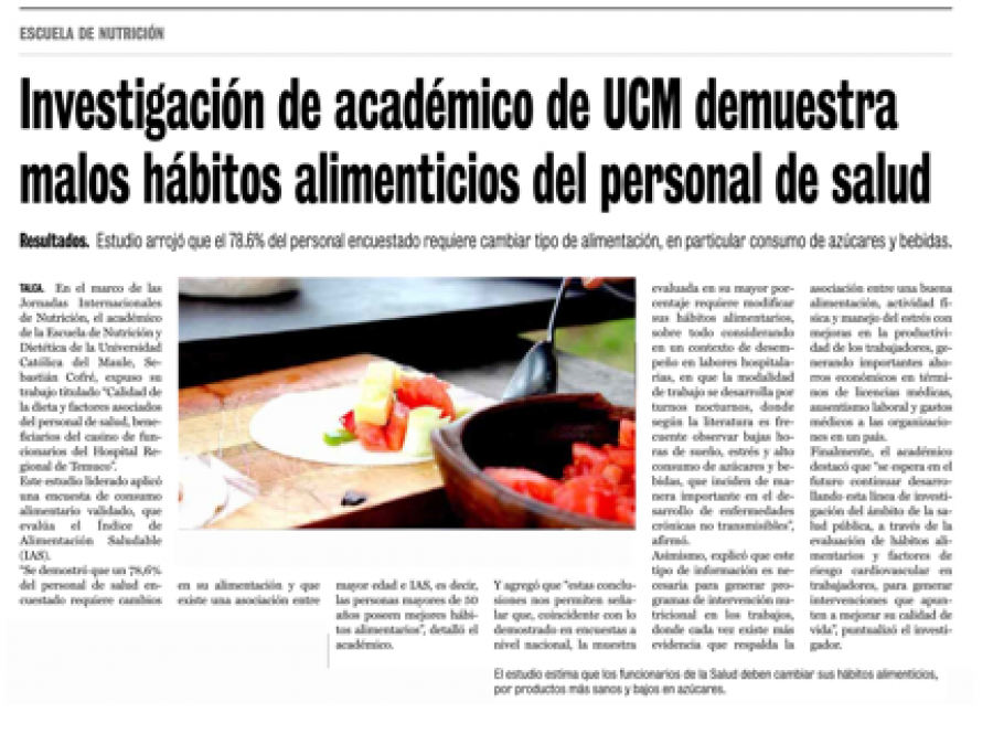 05 de junio en Diario La Prensa: “Investigación de académico de UCM demuestra malos hábitos alimenticios del personal de salud”