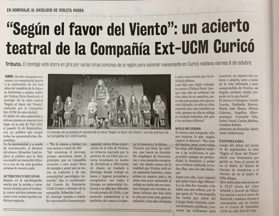 05 de octubre en Diario La Prensa: “Según el favor del viento”: un acierto teatral de la Compañía EXT-UCM Curicó”