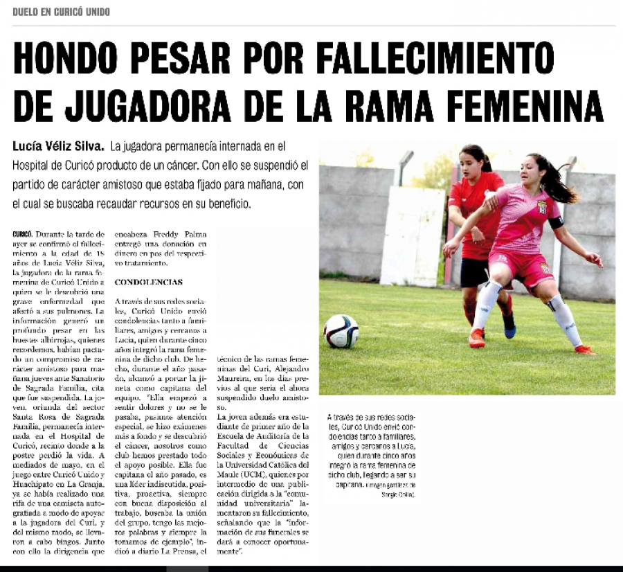 06 de junio en Diario La Prensa: “Hondo pesar por fallecimiento de jugadora de la rama femenina”