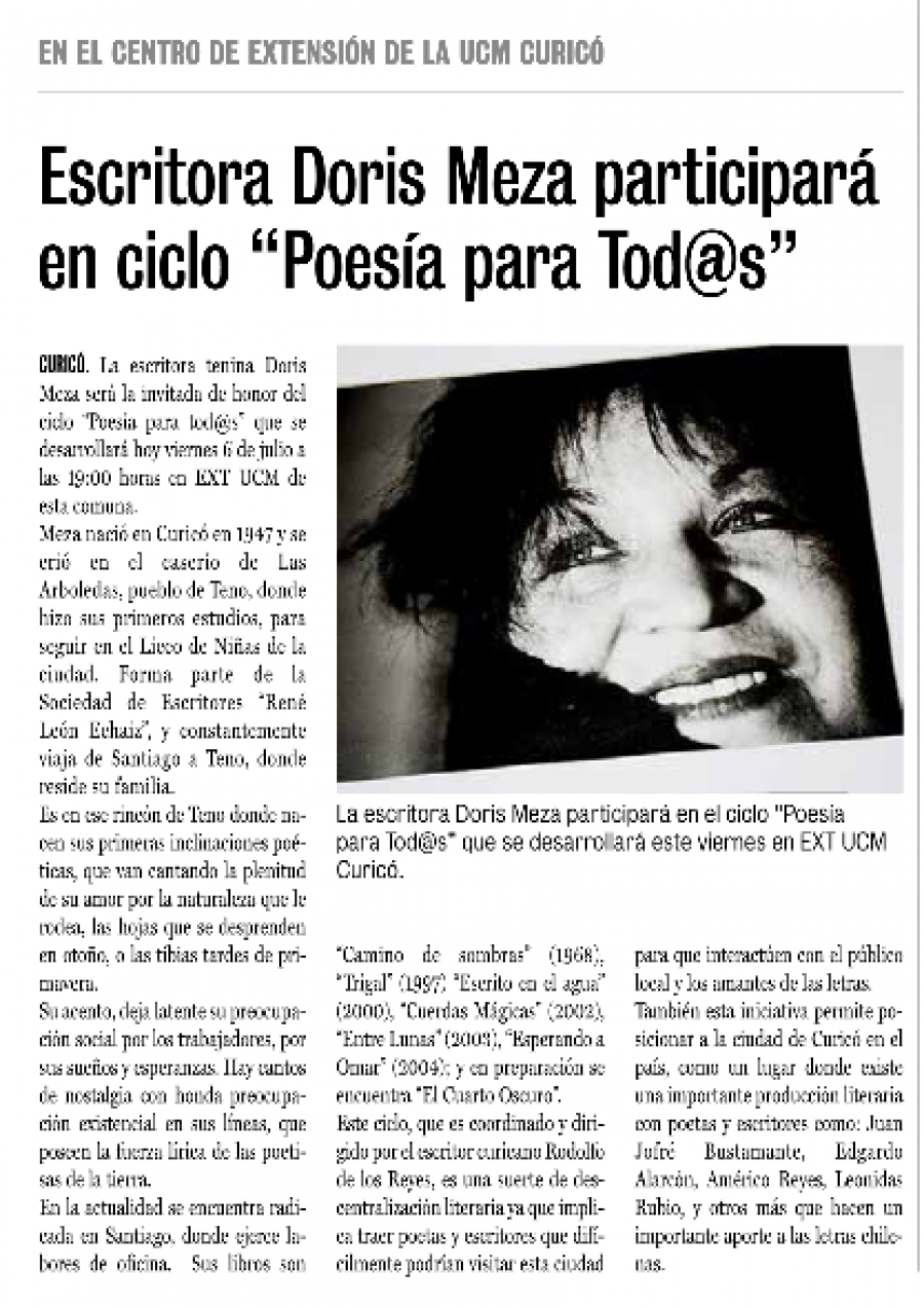 06 de julio en Diario La Prensa: “Escritora Doris Meza participará en ciclo “Poesía para Tod@s”