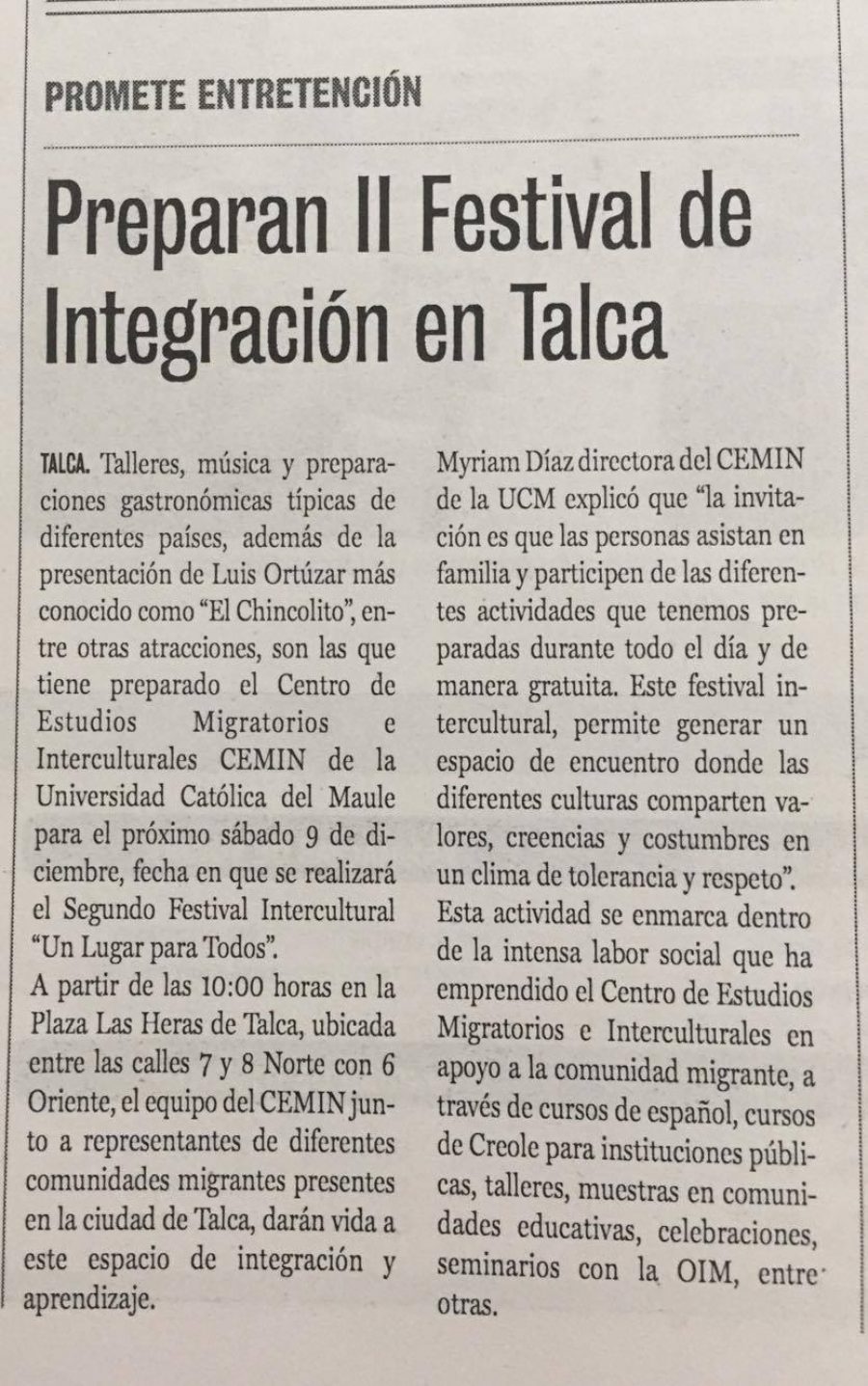 06 de diciembre en Diario La Prensa: “Preparan II Festival de Integración en Talca”