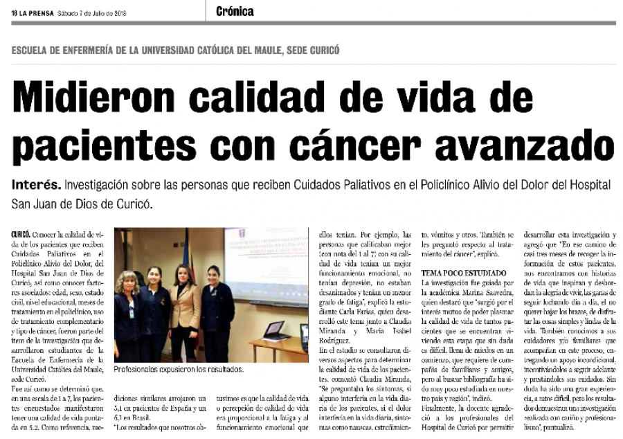 07 de julio en Diario La Prensa: “Midieron calidad de vida de pacientes con cáncer avanzado”