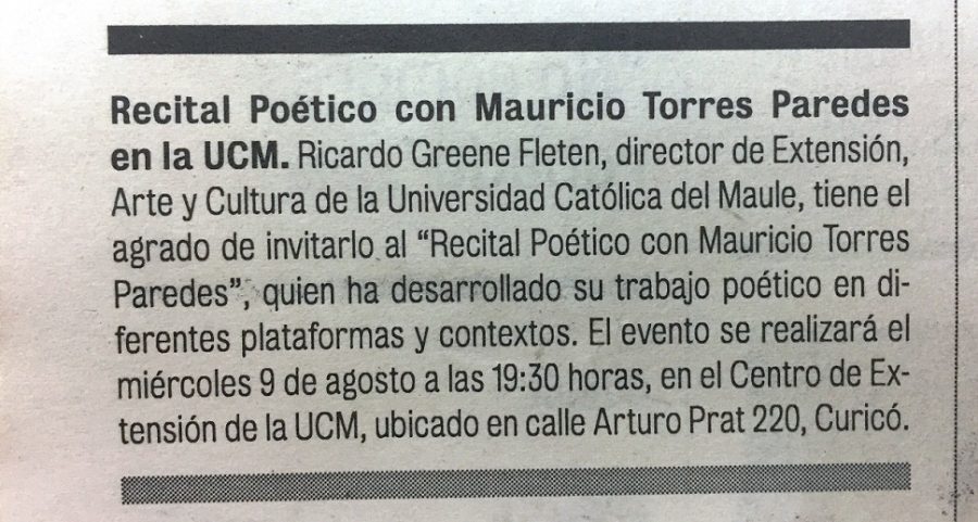 07 de agosto en Diario La Prensa: “Recital Poético con Mauricio Torres Paredes en la UCM”