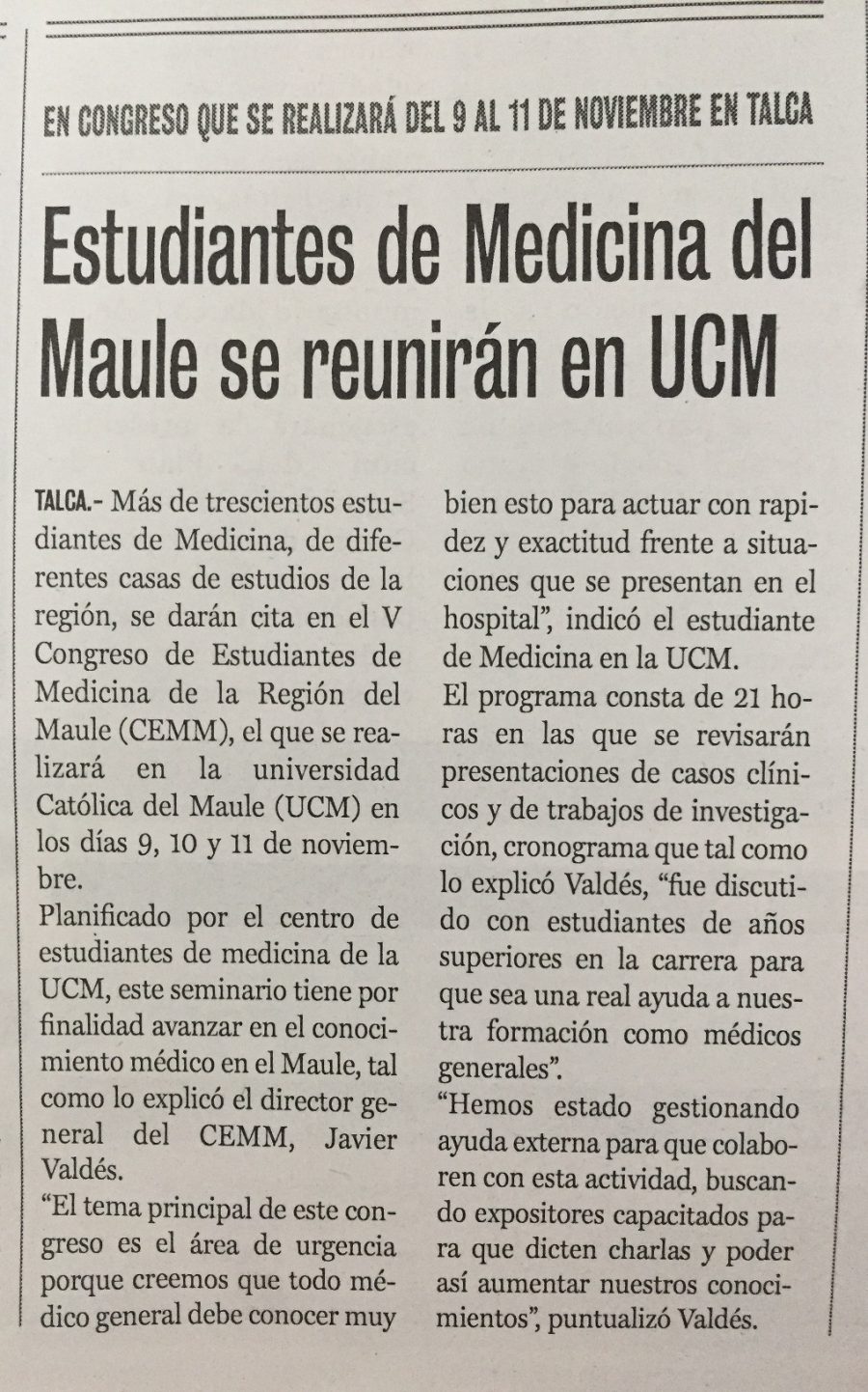 07 septiembre en Diario La Prensa: “Estudiantes de Medicina del Maule se reunirán en UCM”