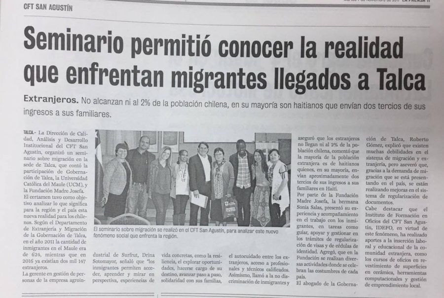 07 de noviembre en Diario La Prensa: “Seminario permitió conocer la realidad que enfrentan migrantes llegados a Talca”