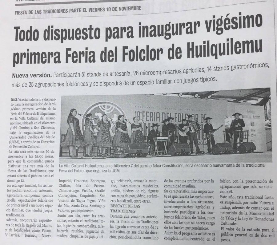 07 de noviembre en Diario La Prensa: “Todo dispuesto para inaugurar vigésimo primera Feria del Folclor de Huilquilemu”