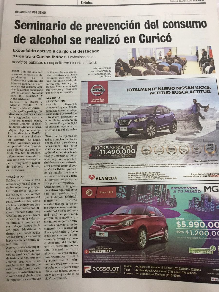 08 de julio en Diario La Prensa: “Seminario de prevención del consumo de alcohol se realizó en Curicó”