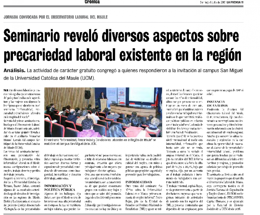 08 de julio en Diario La Prensa: “Seminario reveló diversos aspectos sobre precariedad laboral existente en la región”