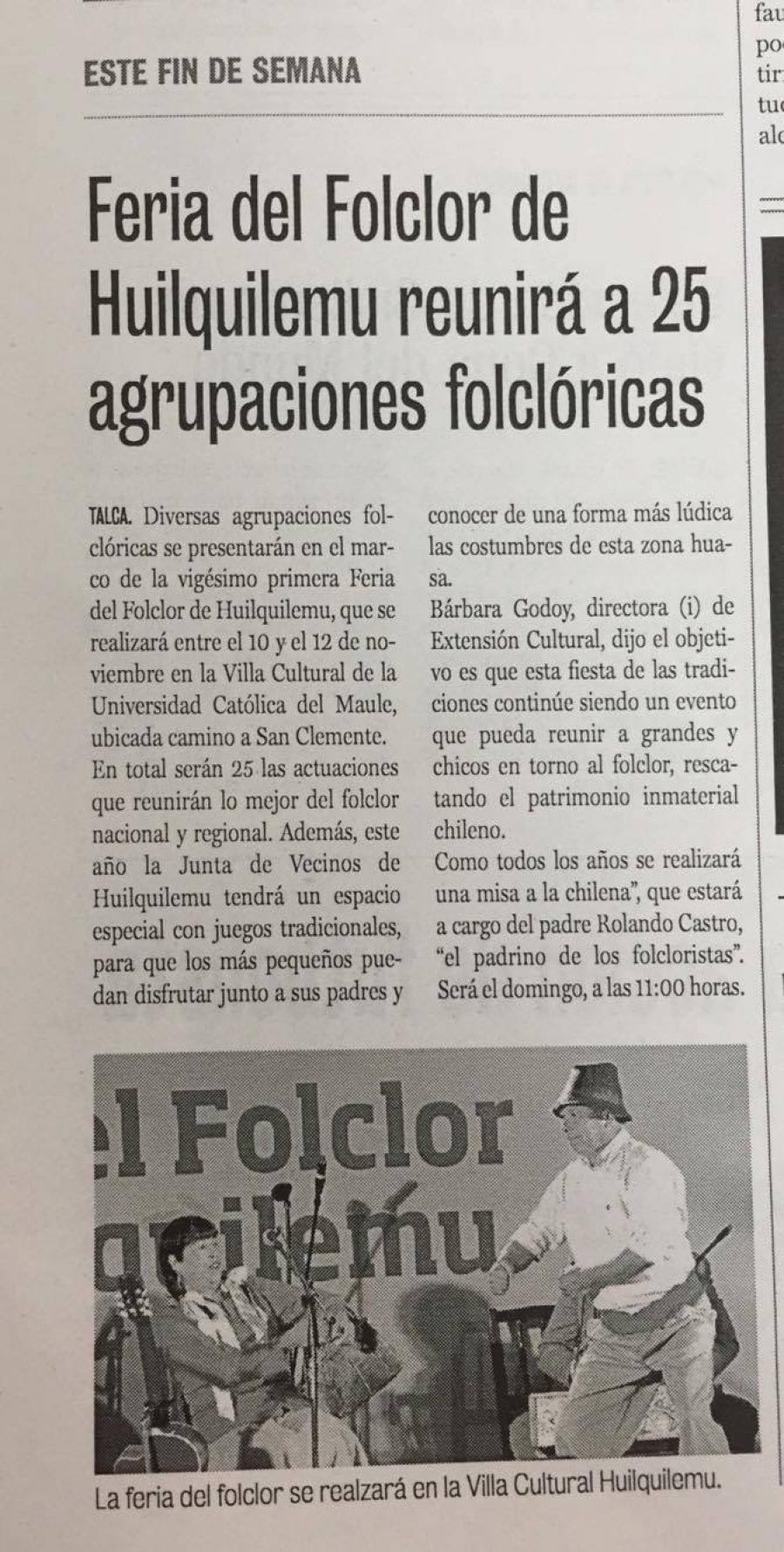 08 de noviembre en Diario La Prensa: “Feria del Folclor de Huilquilemu reunirá a 25 agrupaciones folclóricas”