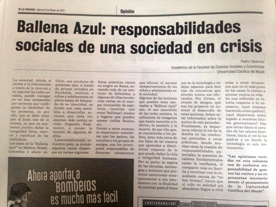 09 de mayo en Diario La Prensa: “Ballena Azul: responsabilidades sociales de una sociedad en crisis”