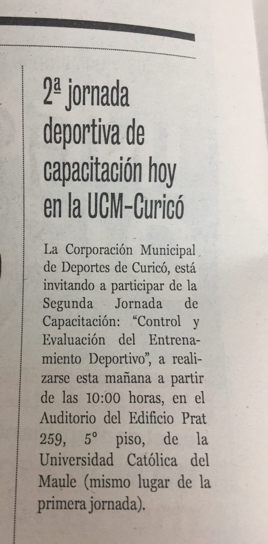 01 de junio en Diario La Prensa: “2° jornada deportiva de capacitación hoy en la UCM-Curicó”