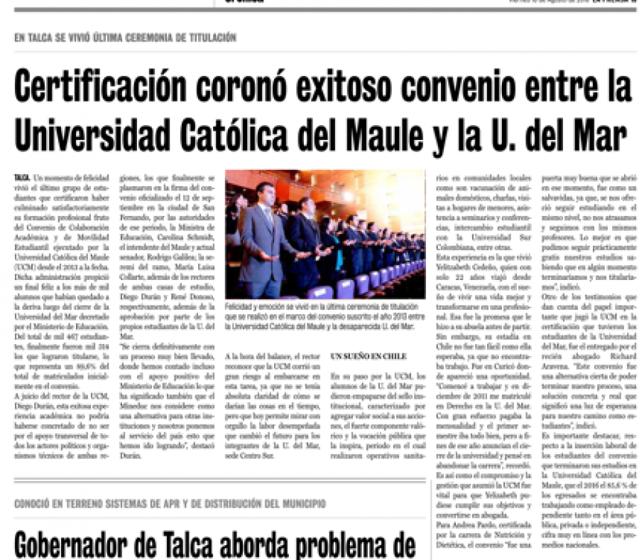 10 de agosto en Diario La Prensa: “Certificación coronó exitoso convenio entre la Universidad Católica del Maule y la U. del Mar”