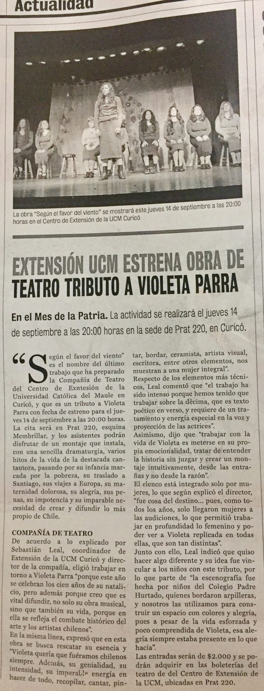 10 de septiembre en Diario La Prensa: “Extensión UCM estrena obra de teatro tributo a Violeta Parra”