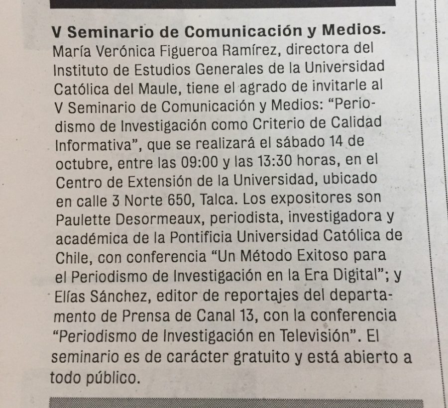 10 de octubre en Diario La Prensa: “V Seminario de Comunicación y Medios”