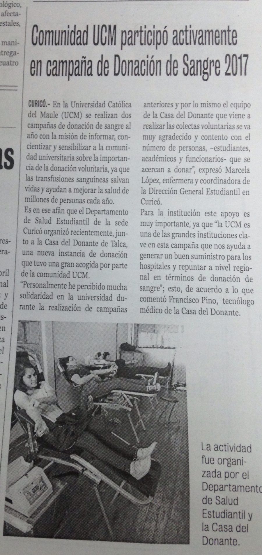 11 de mayo en Diario La Prensa: “Comunidad UCM participó activamente en campaña de Donación de Sangre 2017”