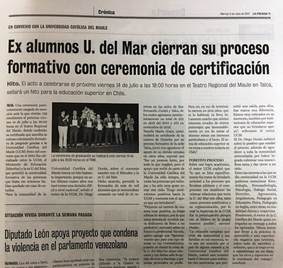 11 de julio en Diario La Prensa: “Ex alumnos U. del Mar cierran su proceso formativo con ceremonia de certificación”