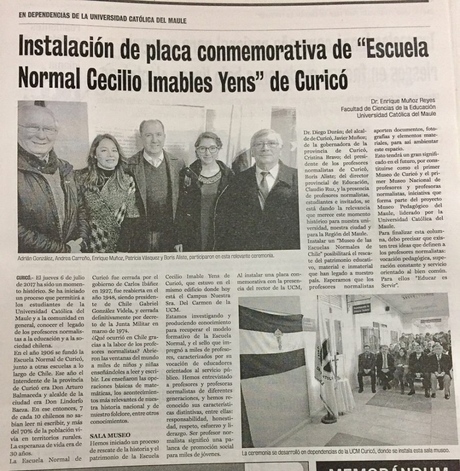 12 de julio en Diario La Prensa: “Instalación de placa conmemorativa de “Escuela Normal Cecilio Imables Yens” de Curicó”
