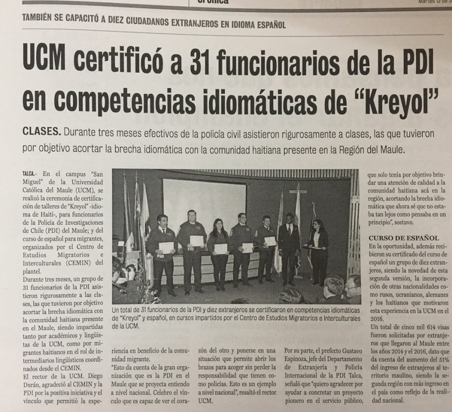 12 de septiembre en Diario La Prensa: “UCM certificó a 31 funcionarios de la PDI en competencias idiomáticas de “Kreyol”