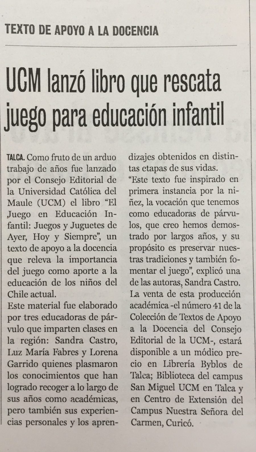 12 de octubre en Diario La Prensa: “UCM lanzó libro que rescata juego para educación infantil”