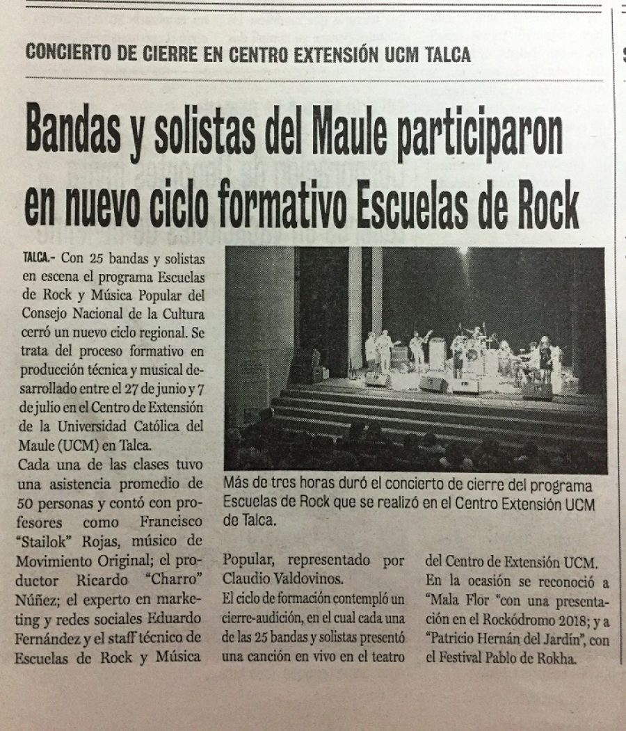 13 de julio en Diario La Prensa: “Bandas y solistas del Maule participaron en nuevo ciclo formativo Escuelas de Rock”