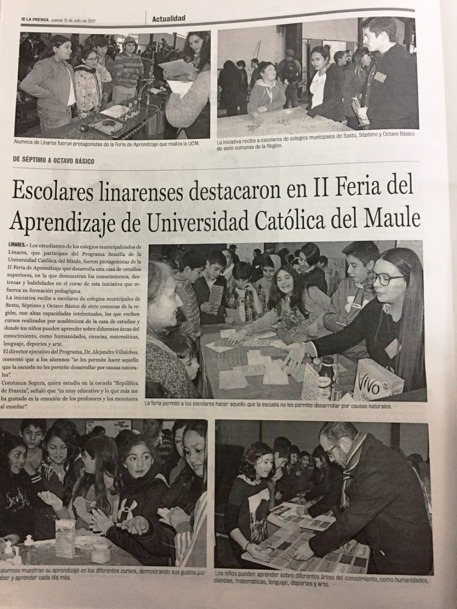 13 de julio en Diario La Prensa: “Escolares linarenses destacaron en II Feria del Aprendizaje de Universidad Católica del Maule”
