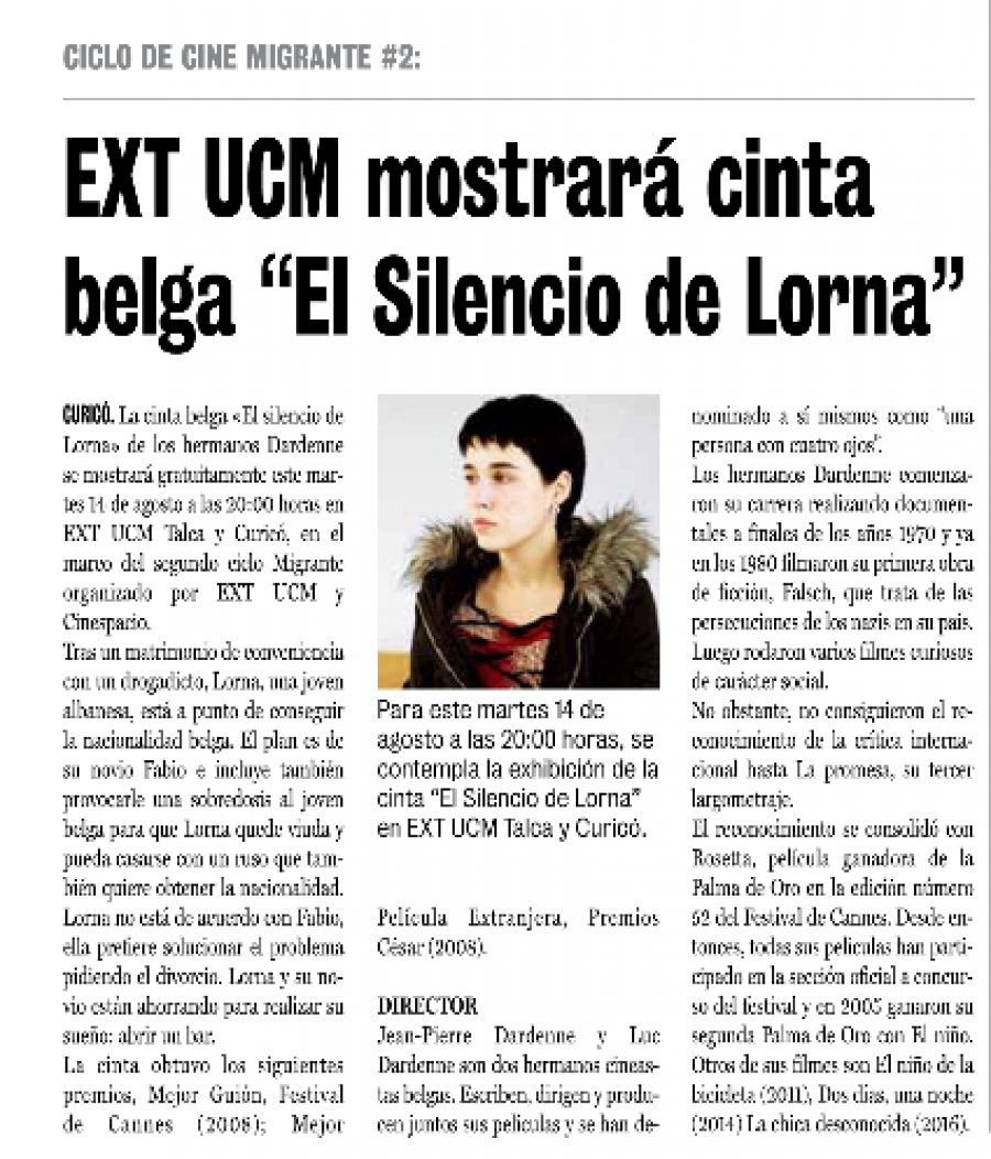 13 de agosto en Diario La Prensa: “EXT UCM mostrará cinta belga “El Silencio de Lorna”
