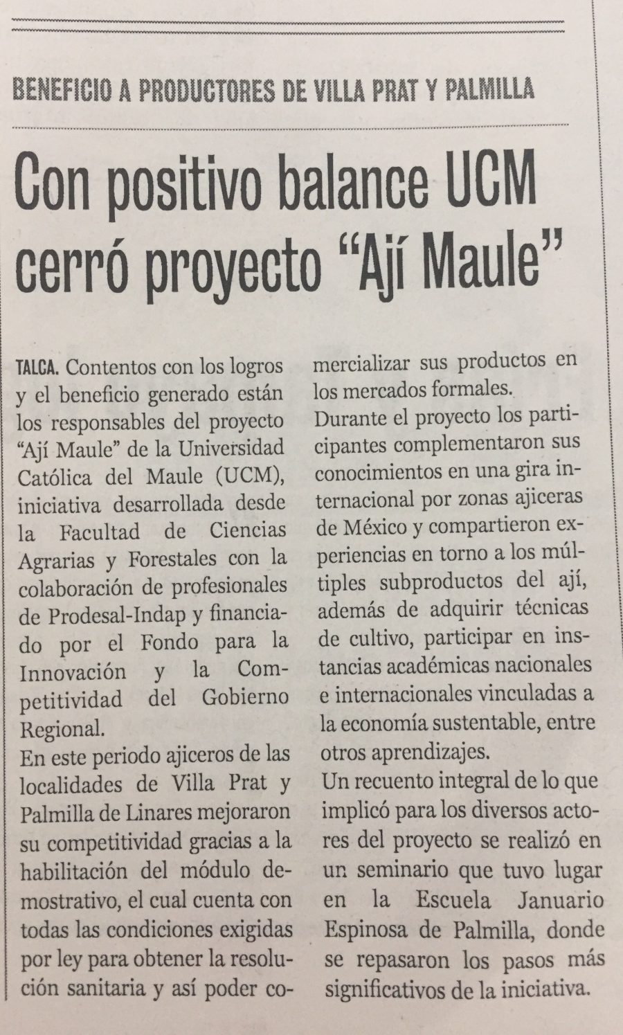 13 de octubre en Diario La Prensa: “Con positivo balance UCM cerró proyecto “Ají Maule”