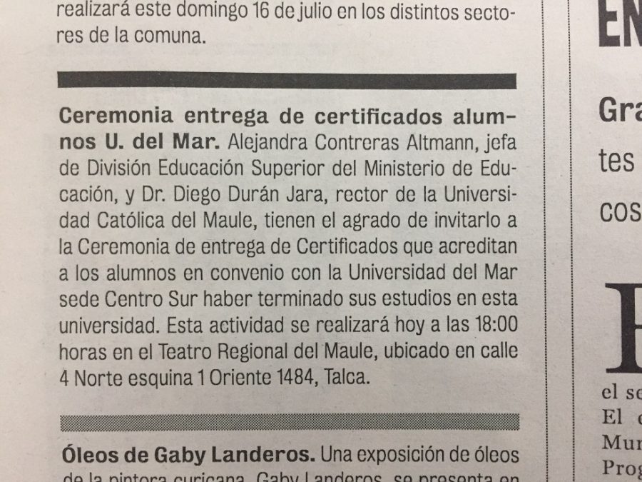 14 de julio en Diario La Prensa: “Ceremonia entrega de certificados alumnos U. del Mar”