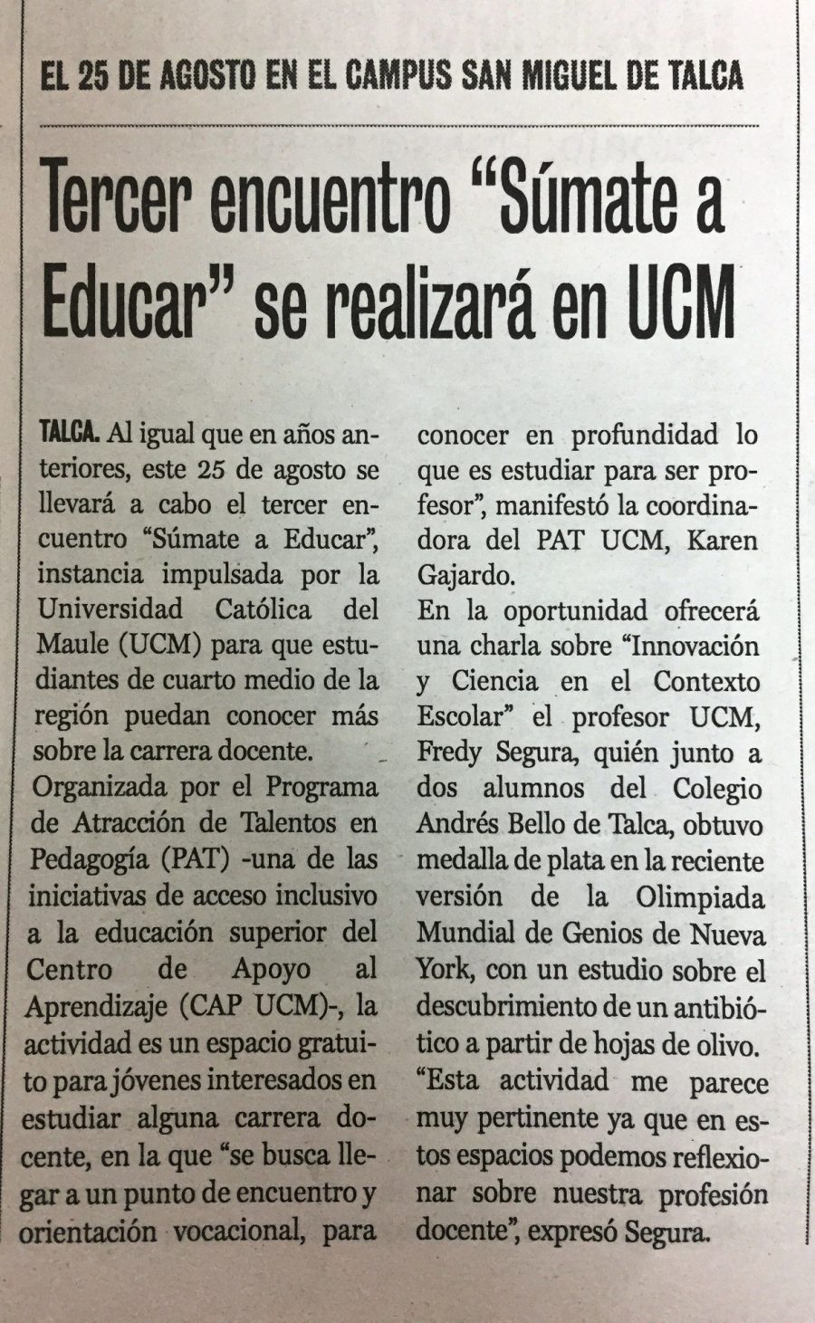 14 de agosto en Diario La Prensa: “Tercer encuentro “Súmate a Educar” se realizará en UCM”