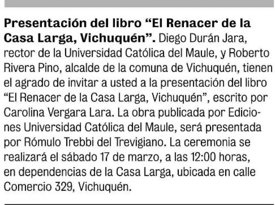 15 de marzo en Diario La Prensa: “Presentación del libro “El Renacer de la Casa Larga, Vichuquén”
