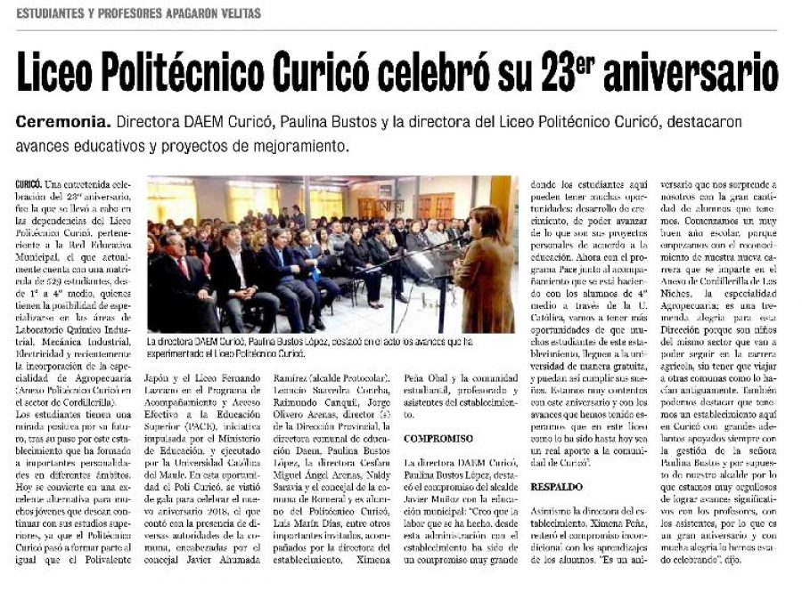 16 de abril en Diario La Prensa: “Liceo Politécnico Curicó celebró su 23° aniversario”