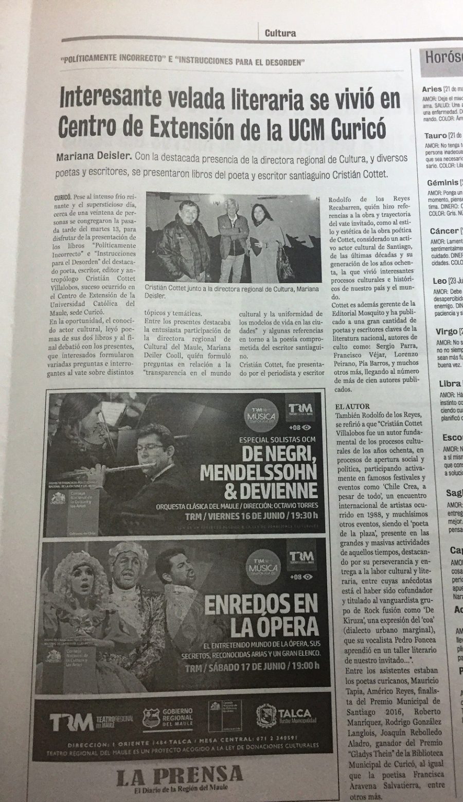 16 de junio en Diario La Prensa: “Interesante velada literaria se vivió en Centro de Extensión de la UCM Curicó”
