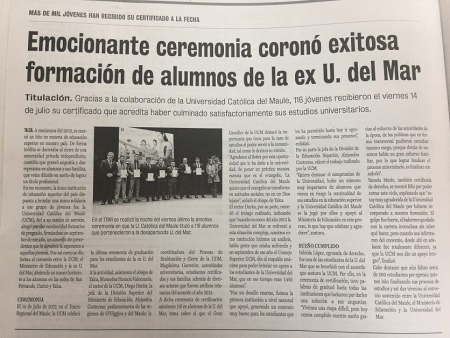 16 de julio en Diario La Prensa: “Emocionante ceremonia coronó exitosa formación de alumnos de la ex U. del Mar”