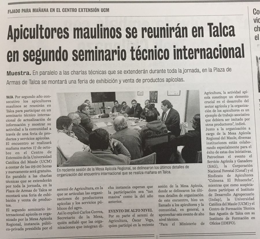 16 de octubre en Diario La Prensa: “Apicultores maulinos se reunirán en Talca en segundo seminario técnico internacional”