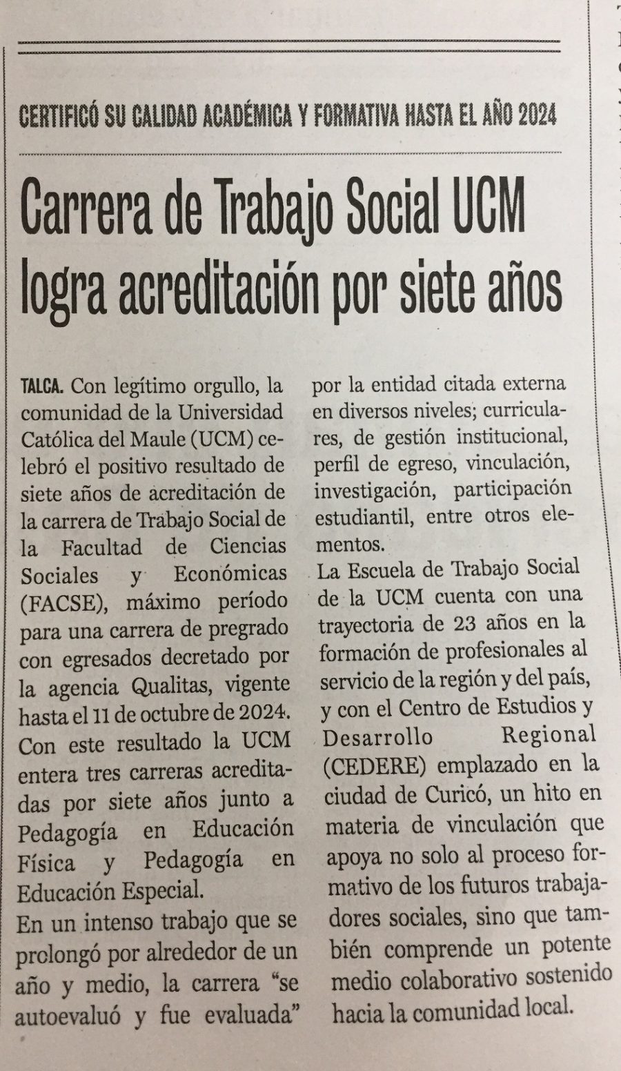 16 de octubre en Diario La Prensa: “Carrera de Trabajo Social UCM logra acreditación por siete años”