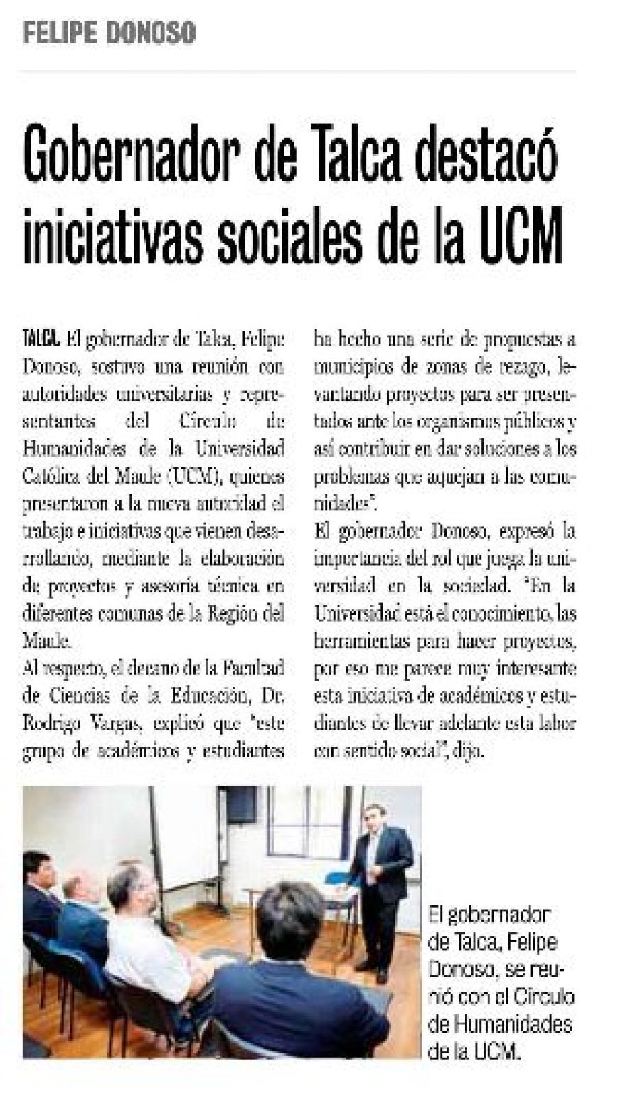 17 de marzo en Diario La Prensa: “Gobernador de Talca destacó iniciativas sociales de la UCM”