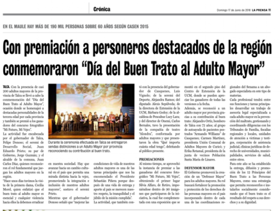 17 de junio en Diario La Prensa: “Con premiación a personeros destacados de la región conmemoraron “Día del Buen Trato al Adulto Mayor”