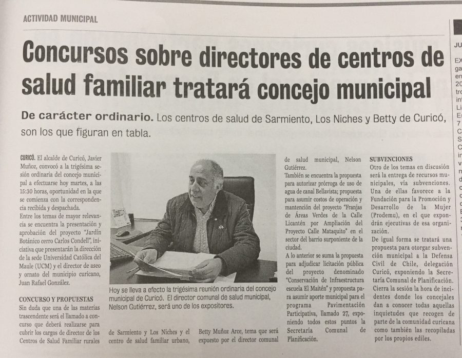 17 de octubre en Diario La Prensa: “Concursos sobre directores de centros de salud familiar tratará concejo municipal”