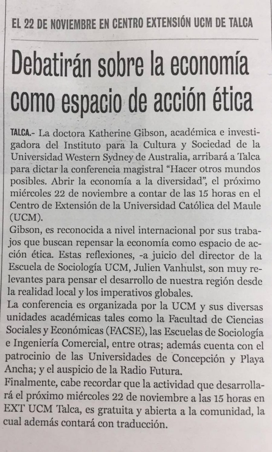 17 de noviembre en Diario La Prensa: “Debatirán sobre la economía como espacio de acción ética”