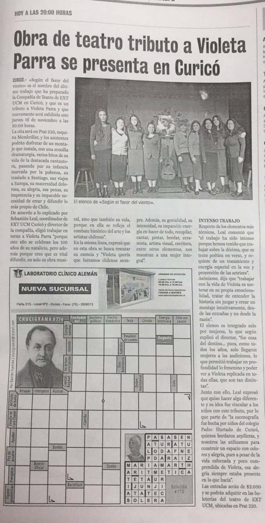 17 de noviembre en Diario La Prensa: “Obra Tributo a Violeta Parra se presenta en Curicó”
