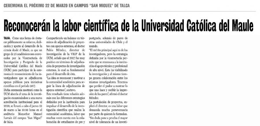 18 de marzo en Diario La Prensa: “Reconocerán la labor científica del la Universidad Católica del Maule”