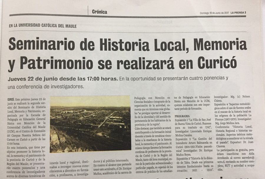 18 de junio en Diario La Prensa: “Seminario de Historia Local, Memoria y Patrimonio se realizará en Curicó”